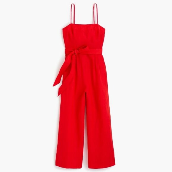 J.Crew Red Linen Blend Tie Waist Jumpsuit Size 10 Wide Leg Summer Romper - Picture 1 of 15